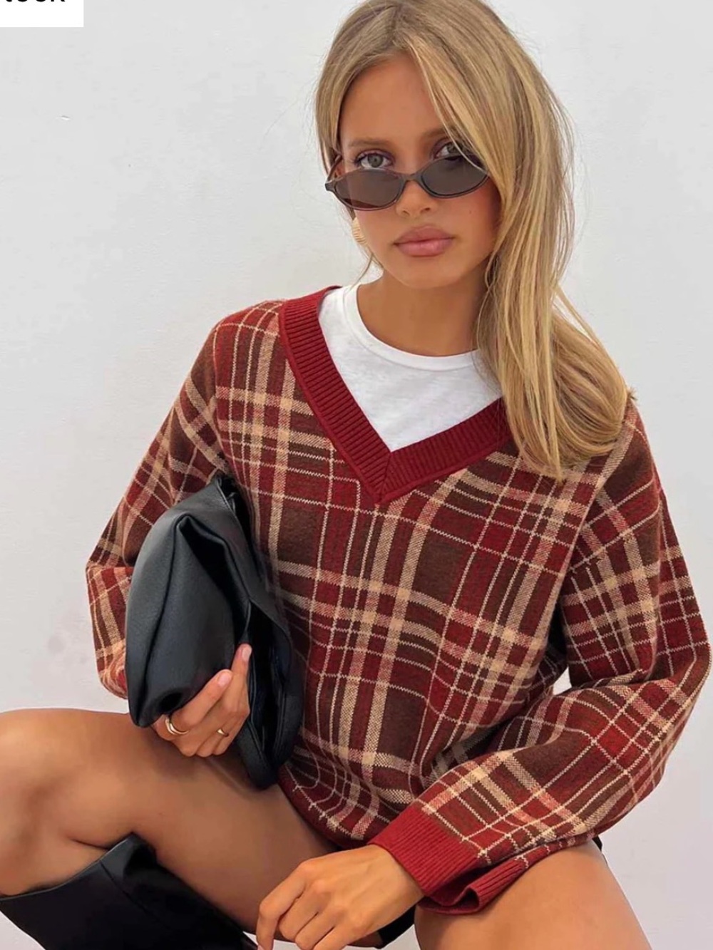 Plaid V-Neck Sweater - Red and Brown